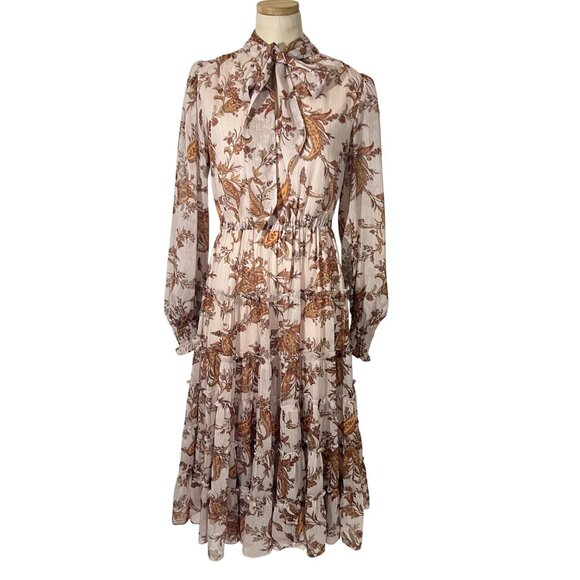 Rachel Parcell dress Women's XS cream floral print chiffon tiered long sleeve - Picture 2 of 13